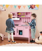 Costway Kids Kitchen Playset Wooden Pretend Play Chef Toy with Microwave & Accessories