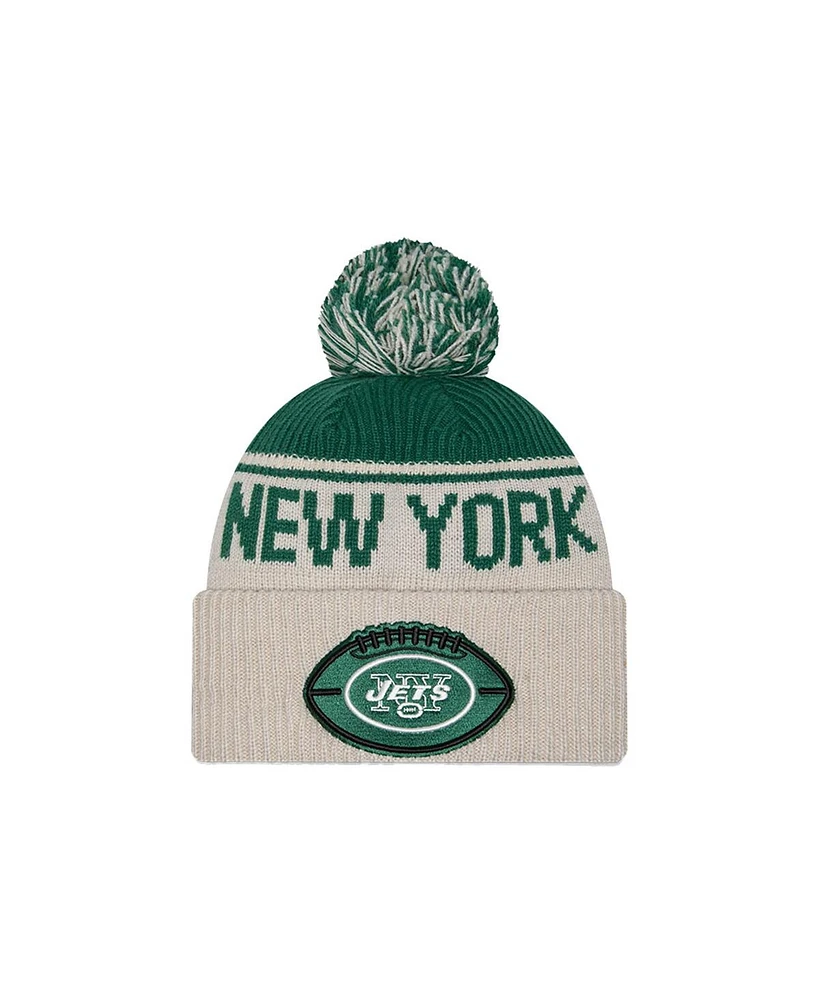 New Era Men's Stone/Green New York Jets Nfl Sideline Historic Cuffed Knit Hat with Pom