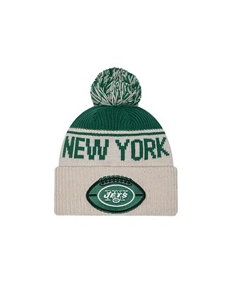 New Era Men's Stone/Green New York Jets Nfl Sideline Historic Cuffed Knit Hat with Pom