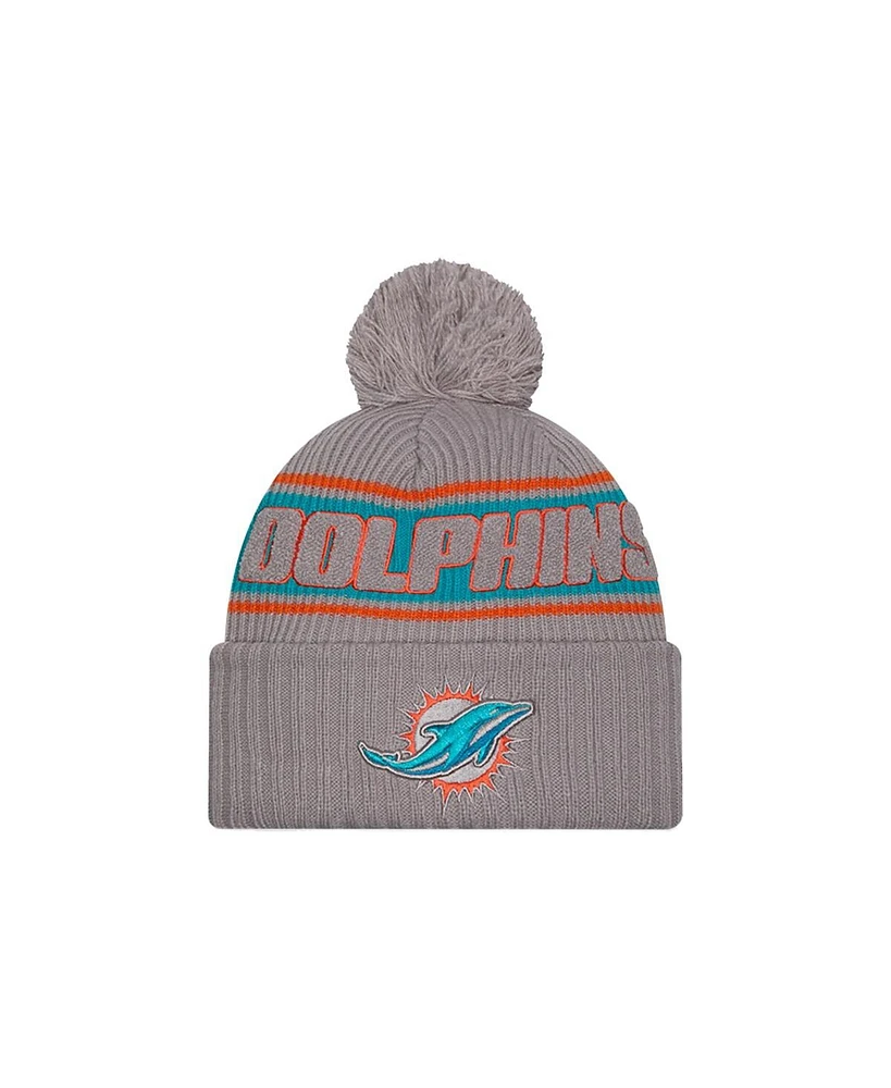 New Era Men's Gray Miami Dolphins 2024 Sideline Sport Cuffed Knit Hat with Pom