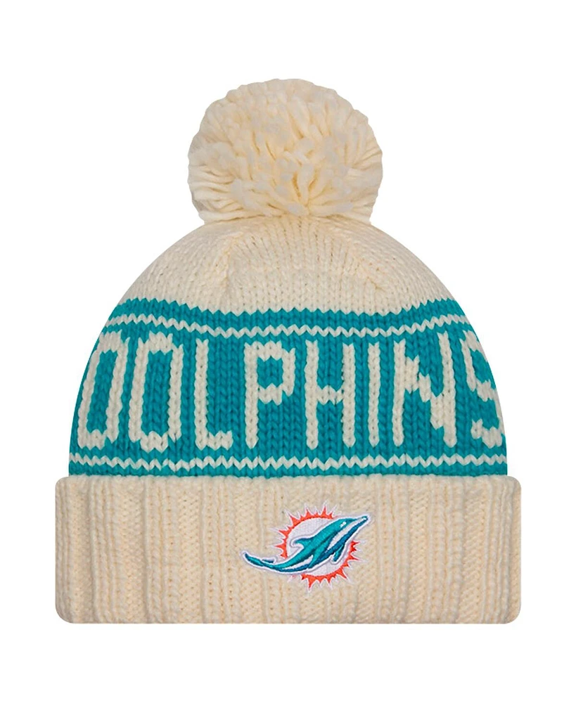 New Era Women's Cream Miami Dolphins 2024 Sideline Cuffed Knit Hat with Pom