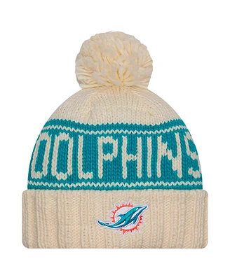 New Era Women's Cream Miami Dolphins 2024 Sideline Cuffed Knit Hat with Pom