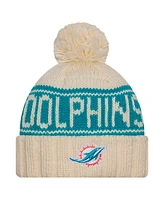 New Era Women's Cream Miami Dolphins 2024 Sideline Cuffed Knit Hat with Pom