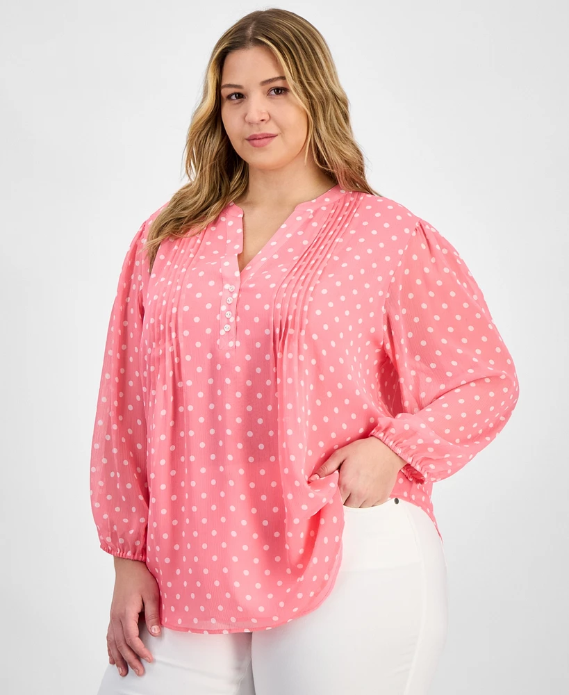 Tommy Hilfiger Plus Dot Print Pintuck 3/4-Sleeve Top
