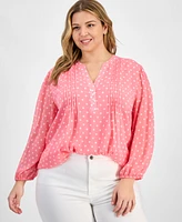 Tommy Hilfiger Plus Dot Print Pintuck 3/4-Sleeve Top