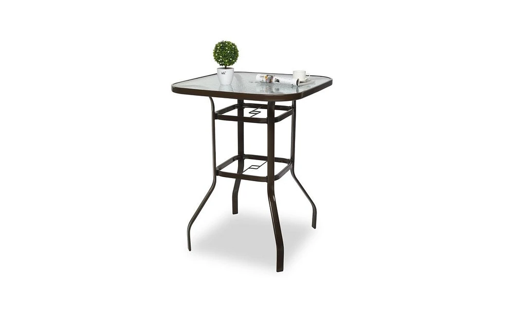 Slickblue Square Outdoor Bar Height Bistro Table with Tempered Glass Tabletop & Umbrella Hole