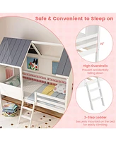 Gouun Twin Size Kids House Bed Low Loft Bed Frame with Roof