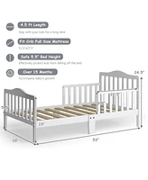 Classic Toddler Bed Frame with Two Side Safety Guardrails, Wooden Design