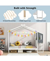 Full-Size Kids Bed Frame with House Roof, Canopy, and Fence Design