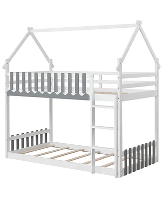 Twin Over Twin Bunk Bed with Fence and Ladder for Kids