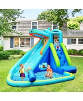 Costway Inflatable Kids Hippo Bounce House Slide Climbing Wall Splash Pool w/740W Blower