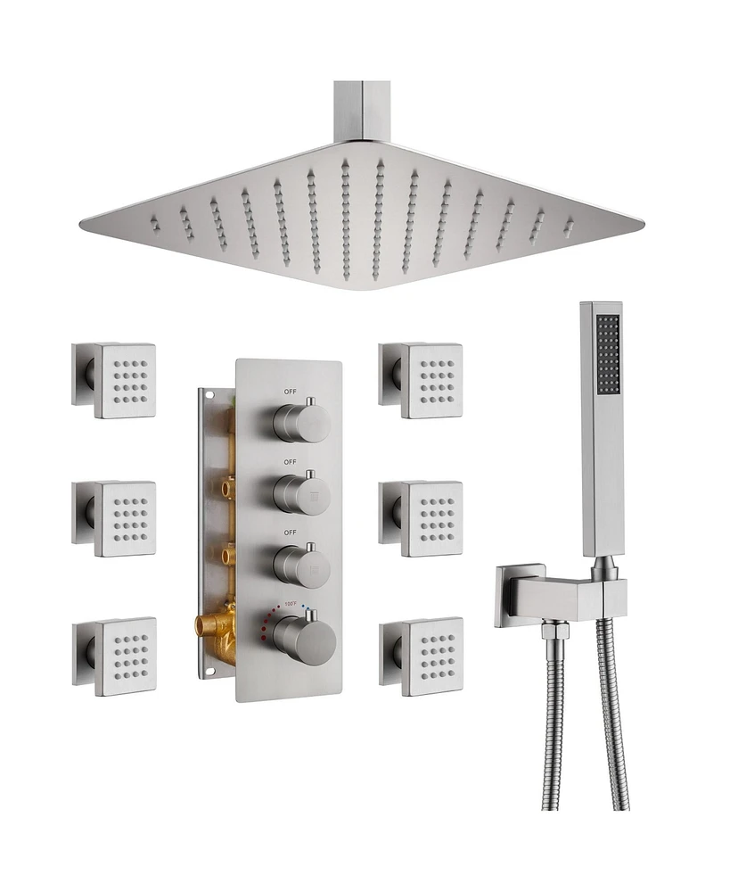 Boyel Living Brushed Nickel Celling Mount Thermostatic Rain Shower System with Handheld and Wall Body Jets 3 Functions Faucet