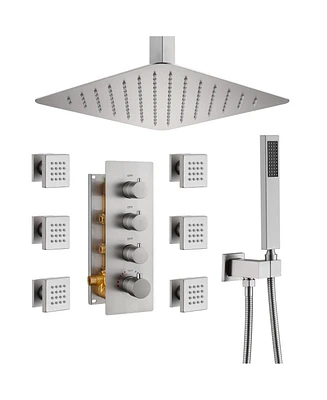 Brushed Nickel Celling Mount Thermostatic Rain Shower System with Handheld and Wall Body Jets 3 Functions Faucet