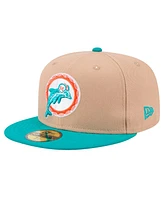 New Era Men's Tan, Aqua Miami Dolphins Throwback Logo Main 59FIFTY Fitted Hat