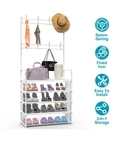 Slickblue 5-Tier Dustproof Entryway Hall Tree with Coat Rack, Shoe Rack, and 8 Removable Hooks for Organized Storage