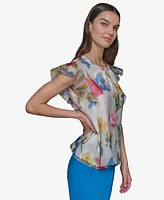 Karl Lagerfeld Paris Women's Floral-Print Flutter-Sleeve Blouse