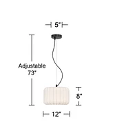 Jaime 12" Modern Pendant Ceiling Light Fixture Dining Room Over Table Kitchen Island Foyer Drum Hanging Round Matte Black and White Metal Fabric Hallw