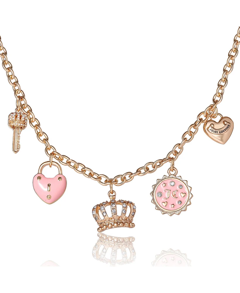 Juicy Couture Gold-Tone Charm Necklace with Pink Enamel Accents and Crystal Details