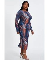 Quiz Plus Mesh Marble Round Neck Long Sleeve Maxi Dress