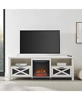 Boyel Living 70 Inches Industrial Metal Mesh Fireplace Tv Stand Farmhouse Drop-Down X-Door with Electric for TVs up to 80 Inches, S