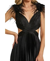 Mac Duggal Women's Pleated Feather Cap Sleeve Open Back Gown