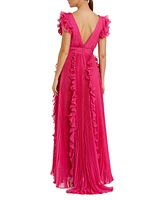 Mac Duggal Women's Pleated Ruffle Cap Sleeve Flowy A Line Gown