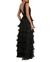 Mac Duggal Women's Sleeveless Ruffle Tiered V Neck Gown