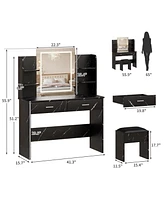 gaomon Vanity Desk With Lighted Mirror, Makeup Vanity Set With Power Outlet, Cushioned Stool, Vanity Table With 6 Storage Shelves