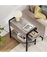 gaomon End Table with Usb Ports and Outlets, Flip Top Side Table Narrow Bedside Table with Drawer and Storage Shelves for Living Room, Rustic Grey
