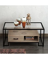 gaomon Coffee Table Tempered Glass Top, Rectangle Center Table with Drawers and Storage Shelf, Industrial Glass Top Accent Table for Home Living Room,