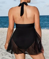 Cupshe Plus Tummy Control Halter Mesh Skirt Tie Swim Dress