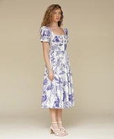 Avec Les Filles Women's Floral-Print Smocked Puffed-Shoulder Dress