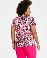 Kasper Plus Printed V-Neck Cap-Sleeve Blouse