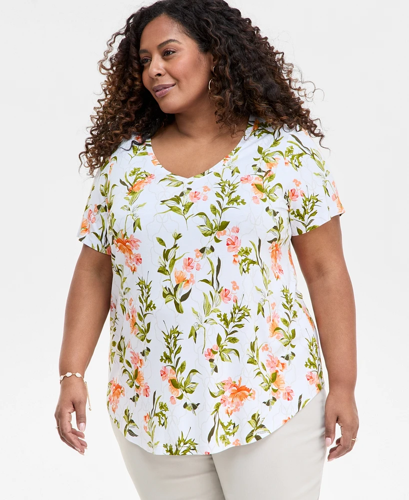 Jm Collection Plus Printed Scoop-Neck Top