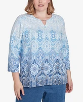 Alfred Dunner Plus Classic Split Beaded Neck Ombre Medallion Top