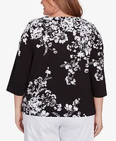 Alfred Dunner Plus Classic Asymmetric Floral Monotone Crew Neck Top