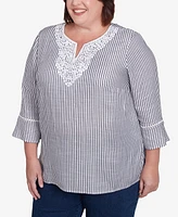 Alfred Dunner Plus Classic Embroidered Split Neck Striped Top