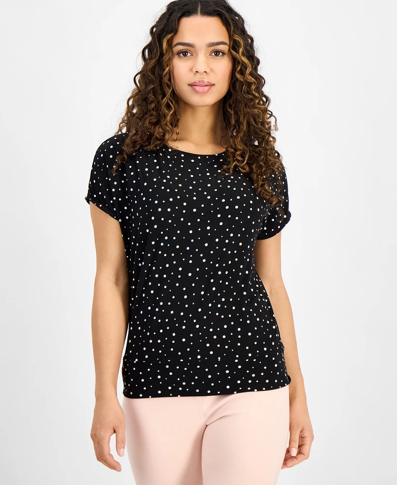 Ak Anne Klein Petite Short-Sleeve Dot-Print Top