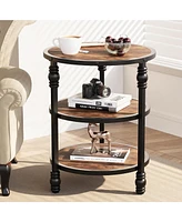 gaomon Round End Table, Small Accent Table with 3 Tier Storage Shelves, Farmhouse Wood Side Table, Metal Frame Industrial Night Stand for Living Room,