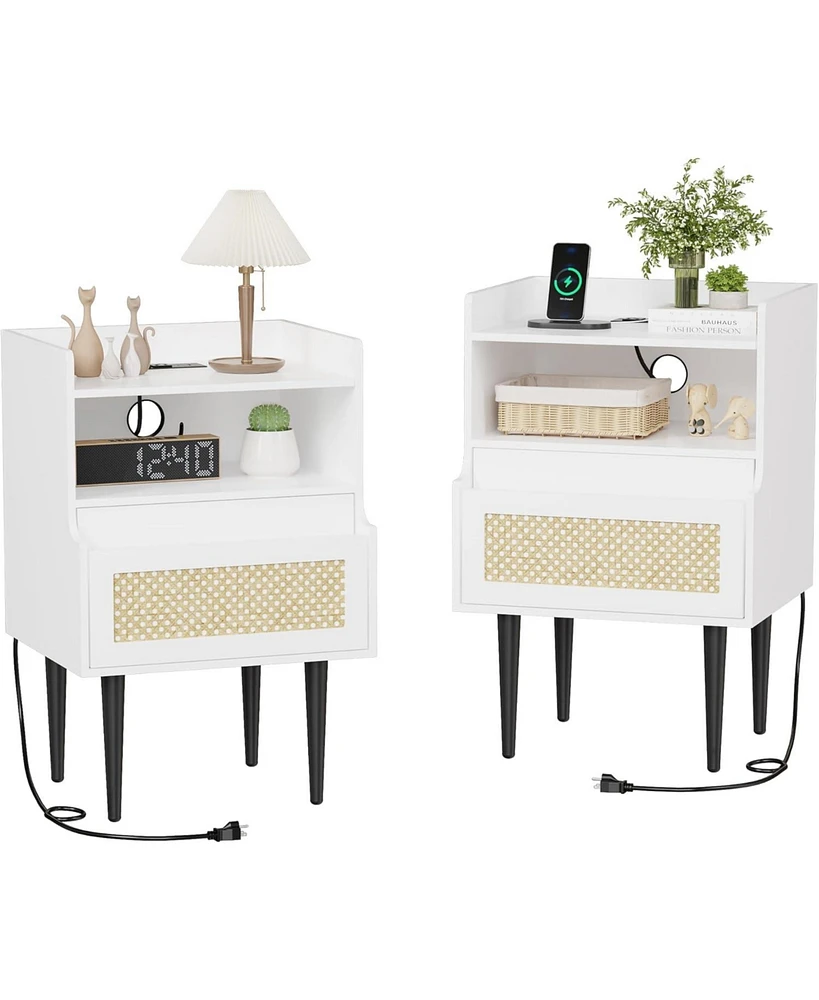 gaomon Nightstand Set of 2, Rattan End Table with Charging Station, 2 Open Shelves Beside Table with Drawer and Solid Legs