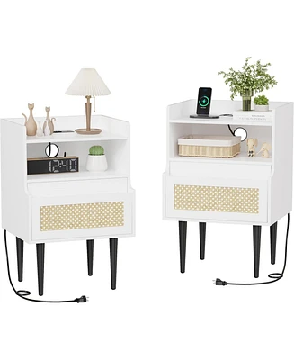 gaomon Nightstand Set of 2, Rattan End Table with Charging Station, 2 Open Shelves Beside Table with Drawer and Solid Legs