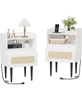 gaomon Nightstand Set of 2, Rattan End Table with Charging Station, 2 Open Shelves Beside Table with Drawer and Solid Legs