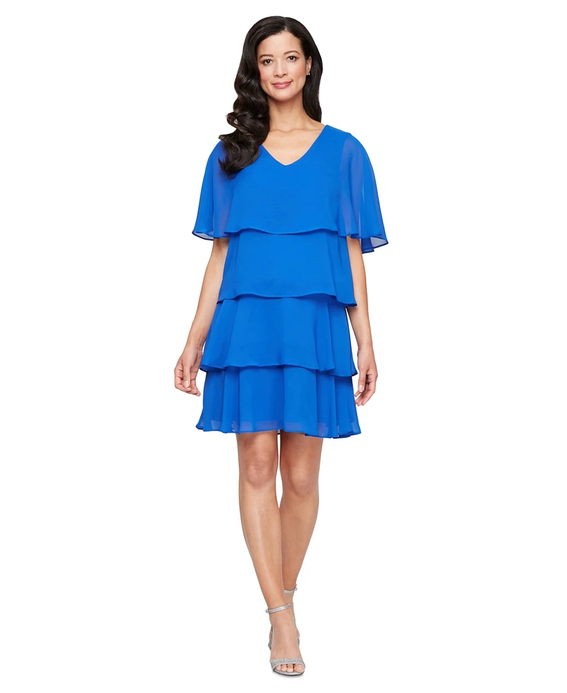 Sl Fashions Women's Chiffon Cape-Overlay Tiered Dress