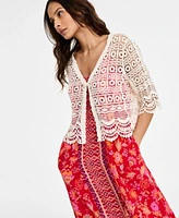 Liverpool Los Angeles Womens Floral Print Spaghetti Strap Maxi Dress Crochet Lace Short Sleeve Cotton Bolero Sweater