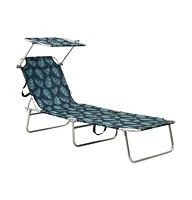 Folding Sun Lounger with Canopy Leaf Print Aluminum