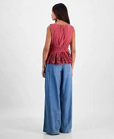 Lucky Brand Womens Sleeveless Ruched Side Tie Top Wide Leg Palazzo Jeans