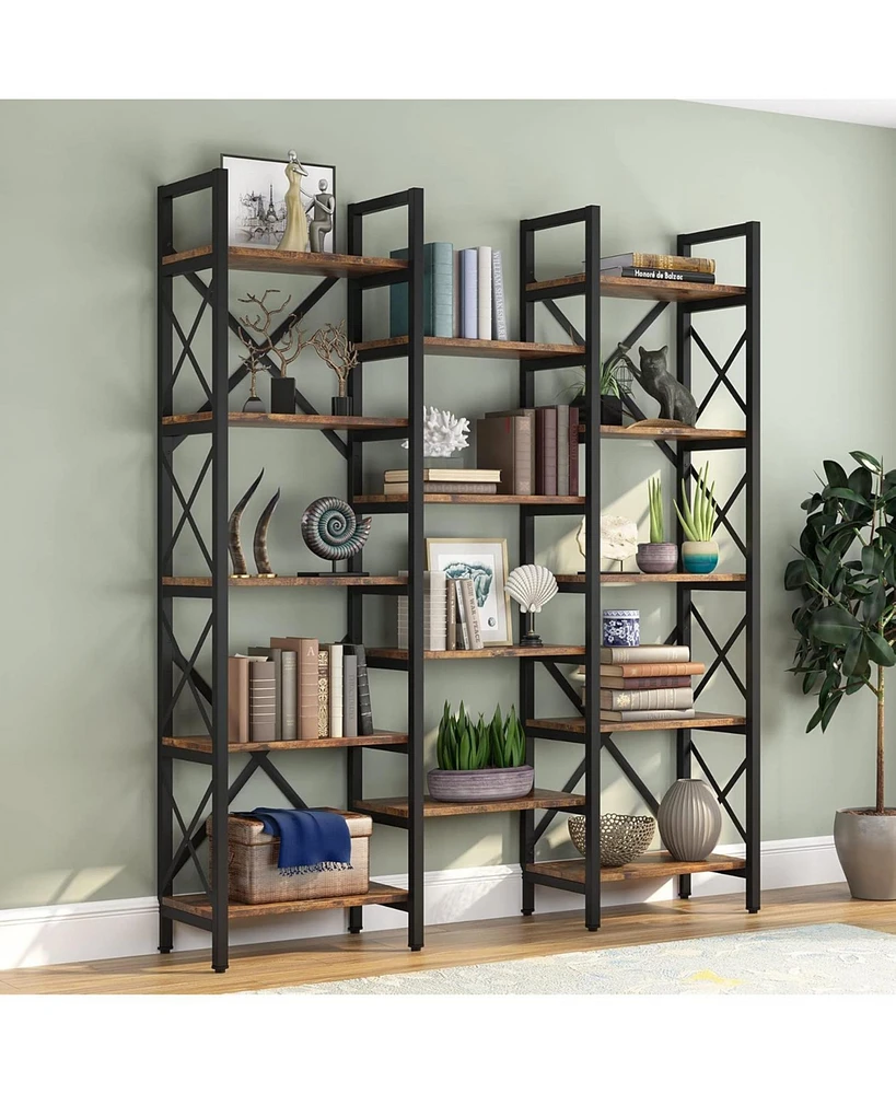 Tribesigns Triple Wide 5-Shelf Bookcase, Etagere Large Open Bookshelf Vintage Industrial Style Shelves Wood and Metal bookcases Furniture for Home & O