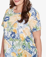 Alfred Dunner Plus Lemon Tile Knotted Crew Neck Top