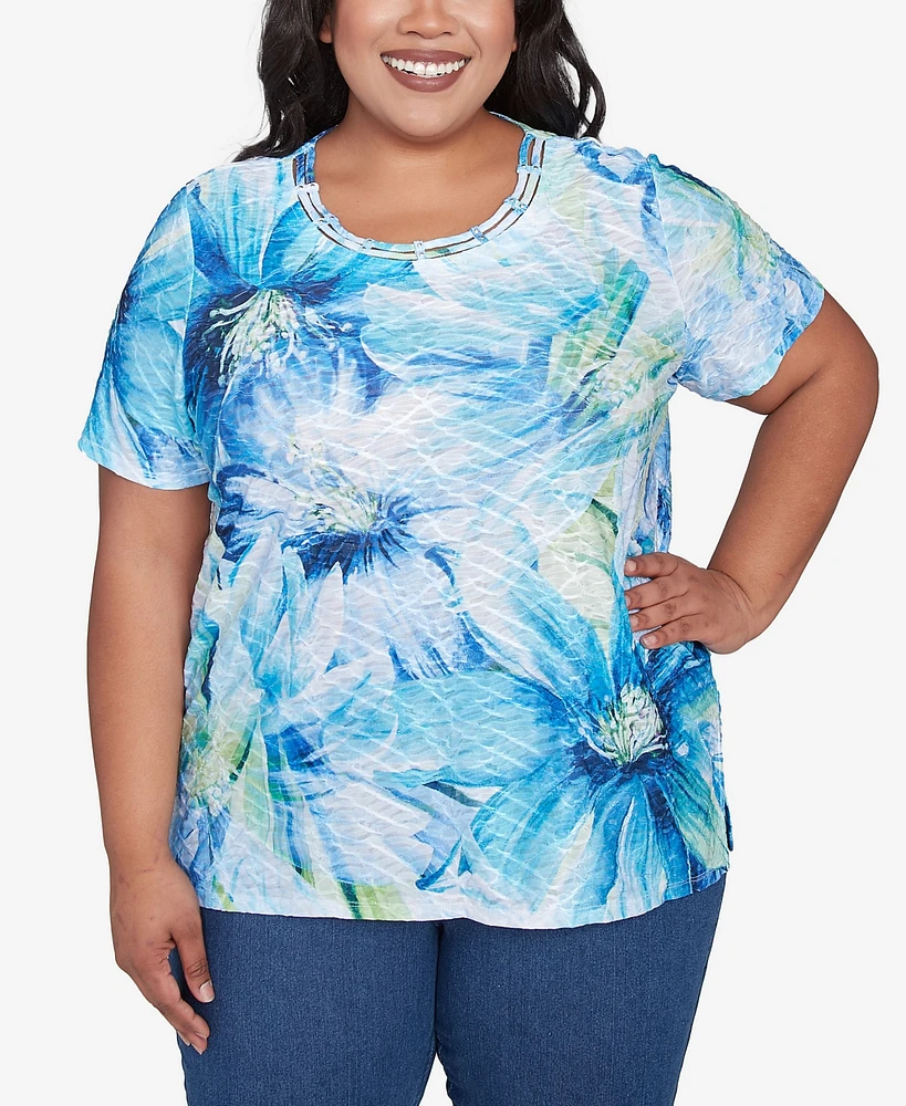 Alfred Dunner Plus Dramatic Blue Floral Crew Neck Top