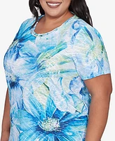 Alfred Dunner Plus Dramatic Blue Floral Crew Neck Top